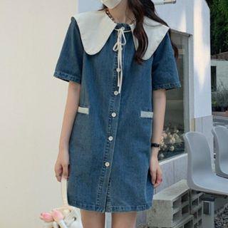 Short-sleeve Denim Mini Shirt Dress Blue - One Size
