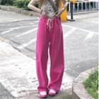 Mid-rise Drawstring Plain Wide-leg Jeans