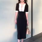 Cut Out Necklace Color Panel Elbow Sleeve Midi Knit Dress