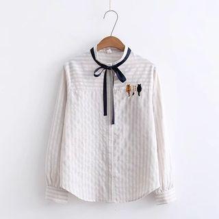 Striped Cat Embroidery Shirt