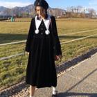 Pom Pom Long-sleeve Midi Velvet Dress Black - One Size