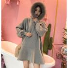 Faux-fur Hooded Long-sleeve Ruffled Dress