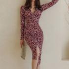 Long-sleeve V-neck Printed Slit Sheath Dress