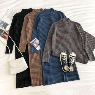 Plain Mock-neck Long-sleeve Rib-knit Dress