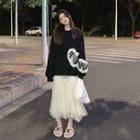 Ruffle Trim Sweatshirt / Midi A-line Skirt / Set