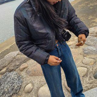 Banded-hem Plaid Padded Jacket