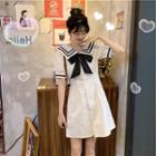 Short-sleeve Sailor Collar Tie Neck Striped Dress White - One Size