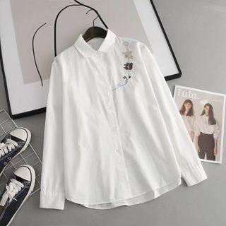 Long-sleeve Polo-neck Embroidered Shirt White - One Size