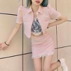 Puff-sleeve Plaid Jacket / Tasseled A-line Skirt