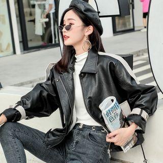 Faux Leather Color Block Zip Jacket