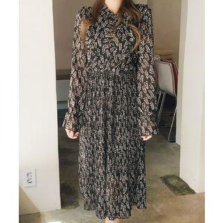 Frill-trim Patterned Chiffon Dress Black - One Size