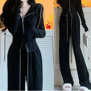 Set: Long-sleeve Plain Zip Jacket + High Waist Straight Leg Pants