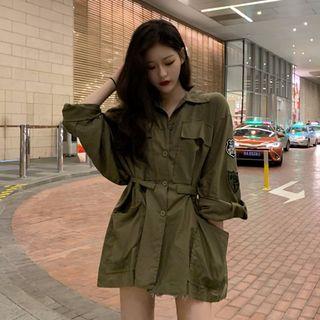 Badge Applique Shirt Jacket Army Green - One Size