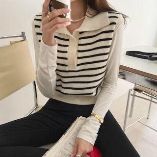 Collared Open-placket Stripe Sweater Vest
