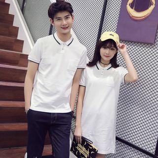 Couple Matching Contrast Trim Short Sleeve Polo Shirt/ Short Sleeve Polo Shirt Dress