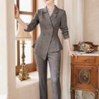 Set: Color Block Blouse + Double-breasted Blazer + Dress Pants + Pencil Skirt