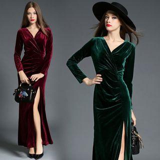 V-neck Velvet Wrapped Maxi Dress