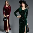 V-neck Velvet Wrapped Maxi Dress