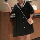 3/4-sleeve Buttoned Mini A-line Dress Black - One Size