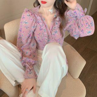 Floral Ruffle Trim Long-sleeve Cropped Blouse Floral - One Size