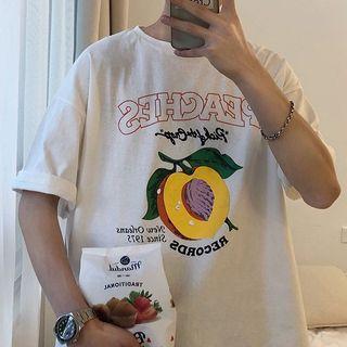 Fruit Print Lettering Elbow-sleeve T-shirt