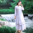 Set: Plain Long-sleeve Cheongsam + Maxi Skirt