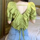 Plain V-neck Drawcord Puff-sleeve Blouse