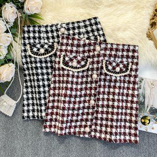 Braided Trim Tweed Plaid Pencil Skirt