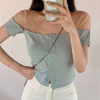 Short-sleeve V-neck Mesh Panel Knit T-shirt