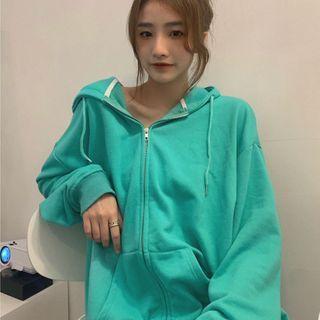 Plain Zip Hoodie Green - One Size
