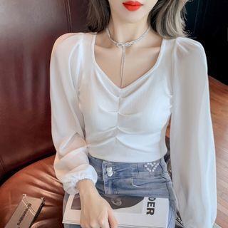 Long-sleeve V-neck Chiffon Panel Knit Top