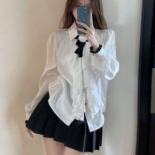 Details Ruffled Chiffon Shirt With Ribbon-pin