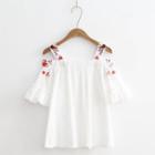 Frilled Embroidered Short-sleeve Cold Shoulder Chiffon Top