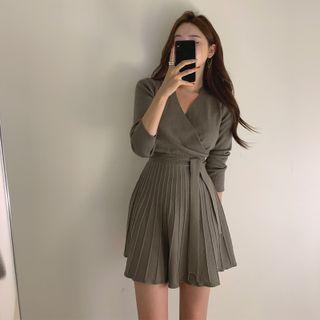 Long-sleeve Wrap Knit Mini A-line Dress