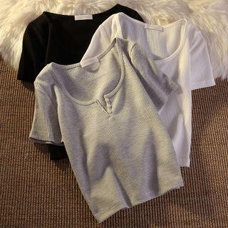 Short-sleeve U-neck Half-button Plain T-shirt