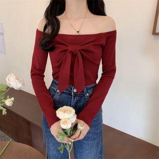 Long-sleeve Off-shoulder Bow Knit Top