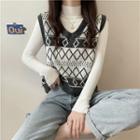 Long-sleeve Mock-neck Knit Top / Diamond Jacquard Sweater Vest