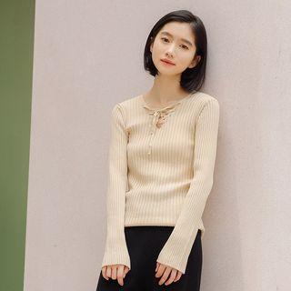 Frill Trim Tie Neck Ribbed Knit Top