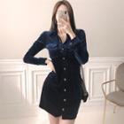Pocket-front Velvet Mini Shirtdress