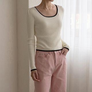 Piped U-neck Ribbed Knit Crop Top