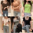 U-neck Slim-fit Plain T-shirt In 6 Colors