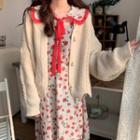 Plain Cardigan / Long-sleeve Floral Print Midi Dress