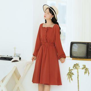 Long-sleeve Square-neck Gathered-waist Midi Dress