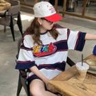 Letter Embroidered Striped T-shirt Stripe - Navy Blue & White & Red - One Size