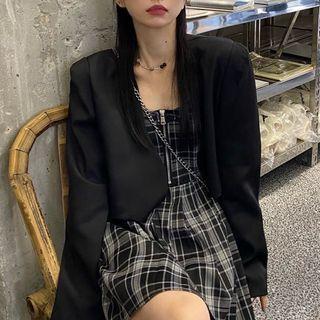 Spaghetti Strap Plaid Dress / Cropped Blazer