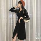 Long-sleeve Velvet A-line Dress Black - One Size