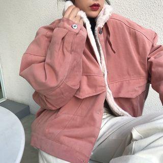 Fleece-lined Cargo Button-up Jacket Pink - One Size