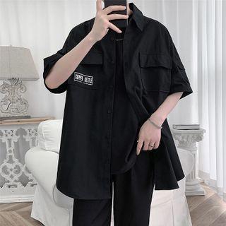 Elbow-sleeve Lettering Print Cargo Shirt