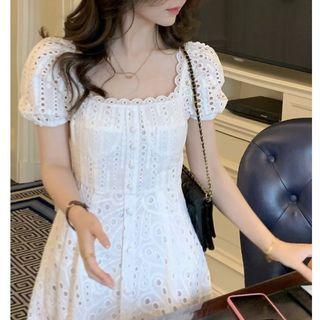 Short-sleeve Square Neck Cutout Midi A-line Dress