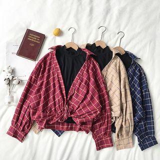 Set:plaid Long-sleeve Blouse + Plain Mock-neck Sleeveless Top